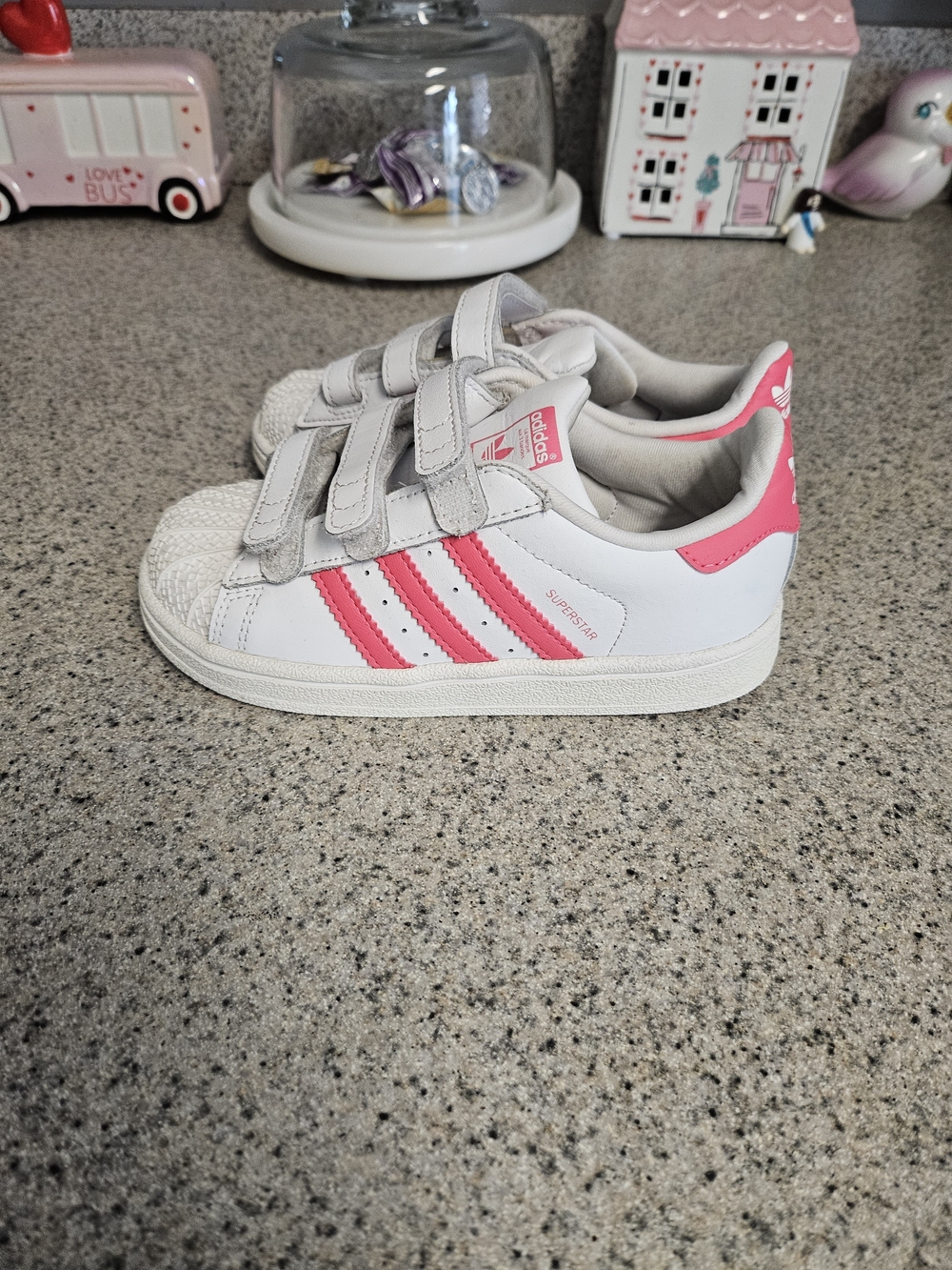 adidas Kids White Sneakers with Pink Stripes - Velcro Closure